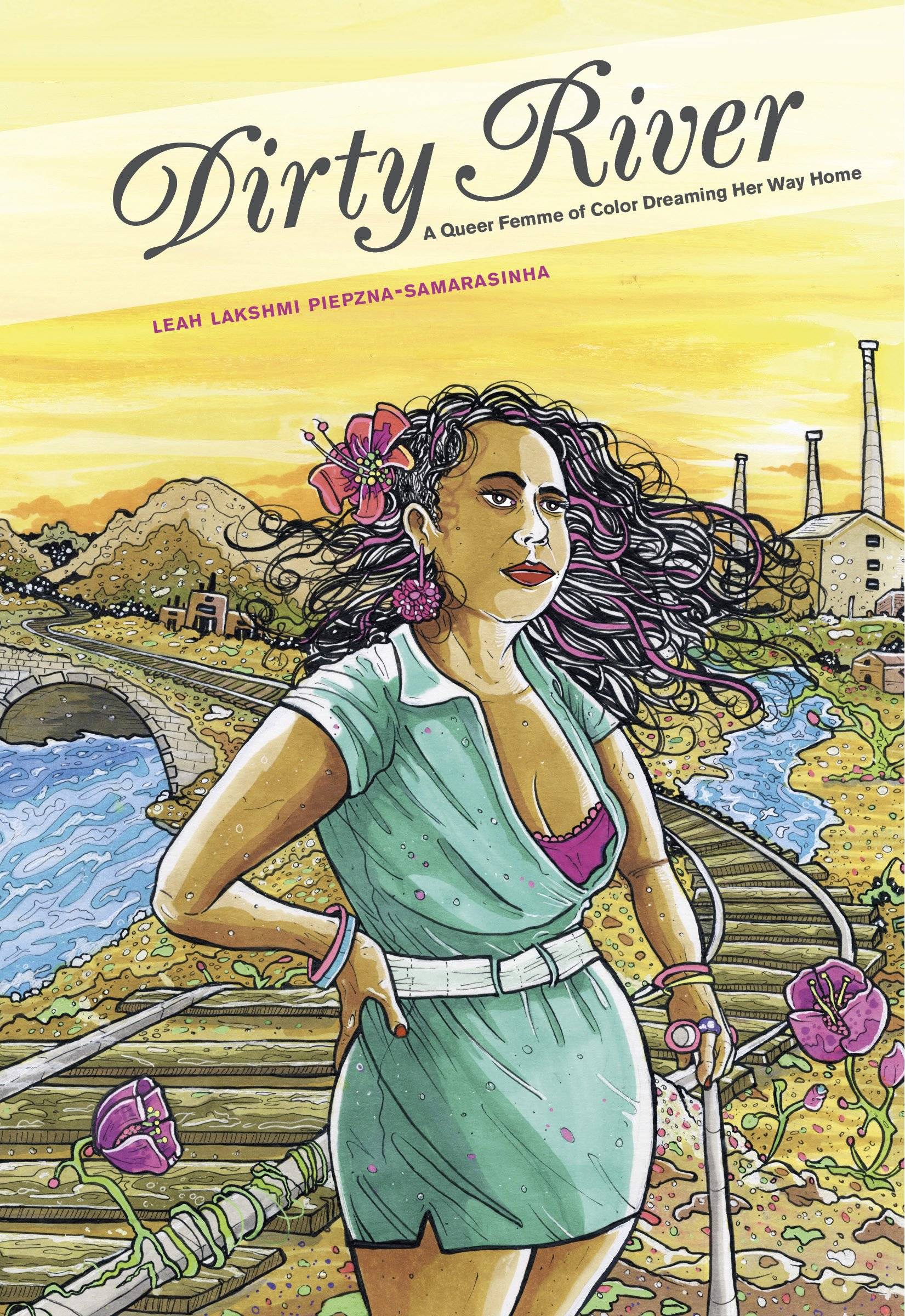 Illustrated "Dirty River" book cover featuring a figure along train tracks and a river utilizing a cane.